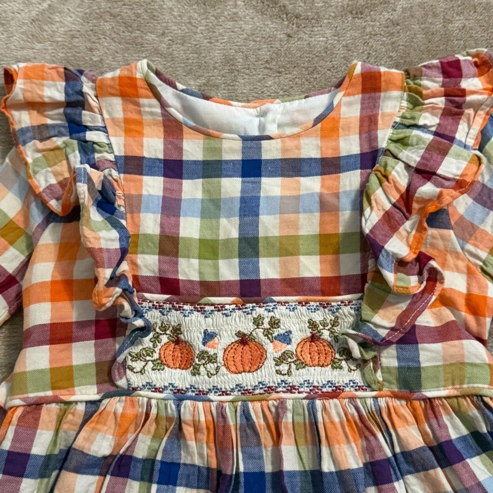 Bonnie Jean Girls Fall Plaid Smocked Pumpkin Dress Multicolor Size 6 Fall